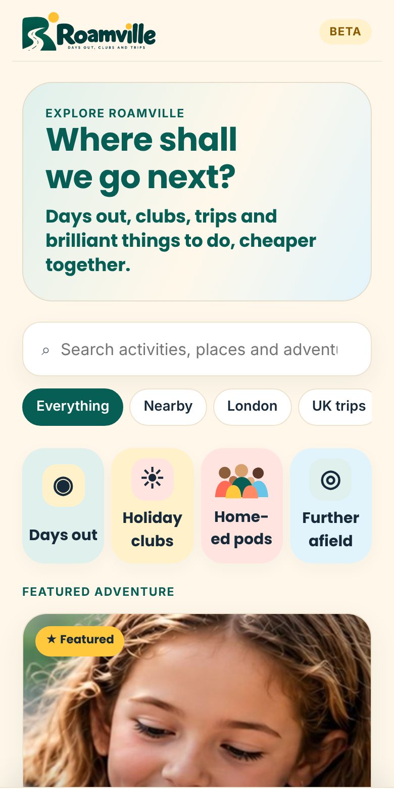 The Roamville app's Explore screen, showing search, categories and a featured outing