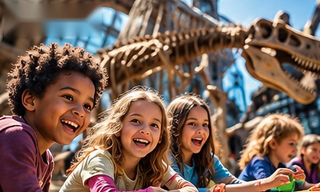 Children laughing beneath a dinosaur skeleton at a museum
