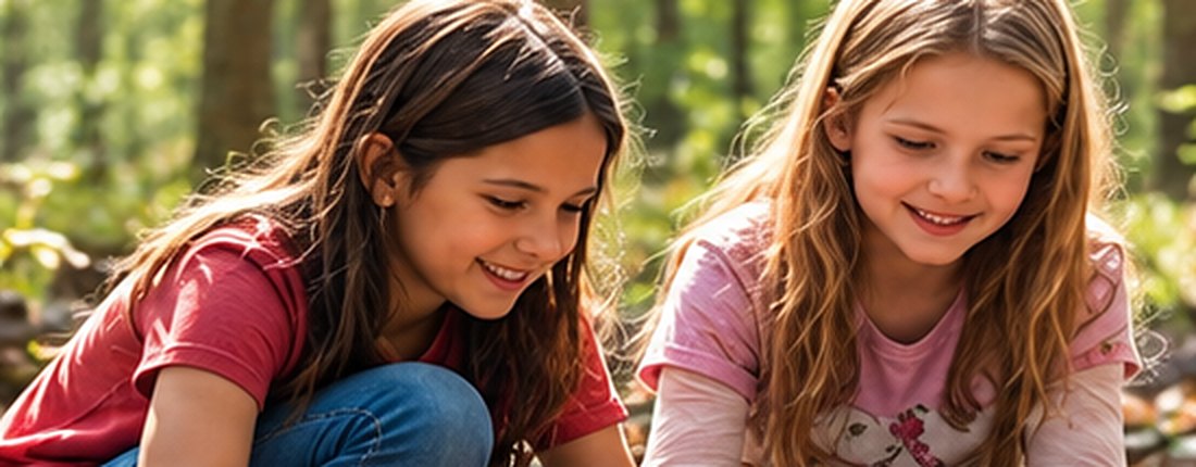 Two girls exploring the woodland floor