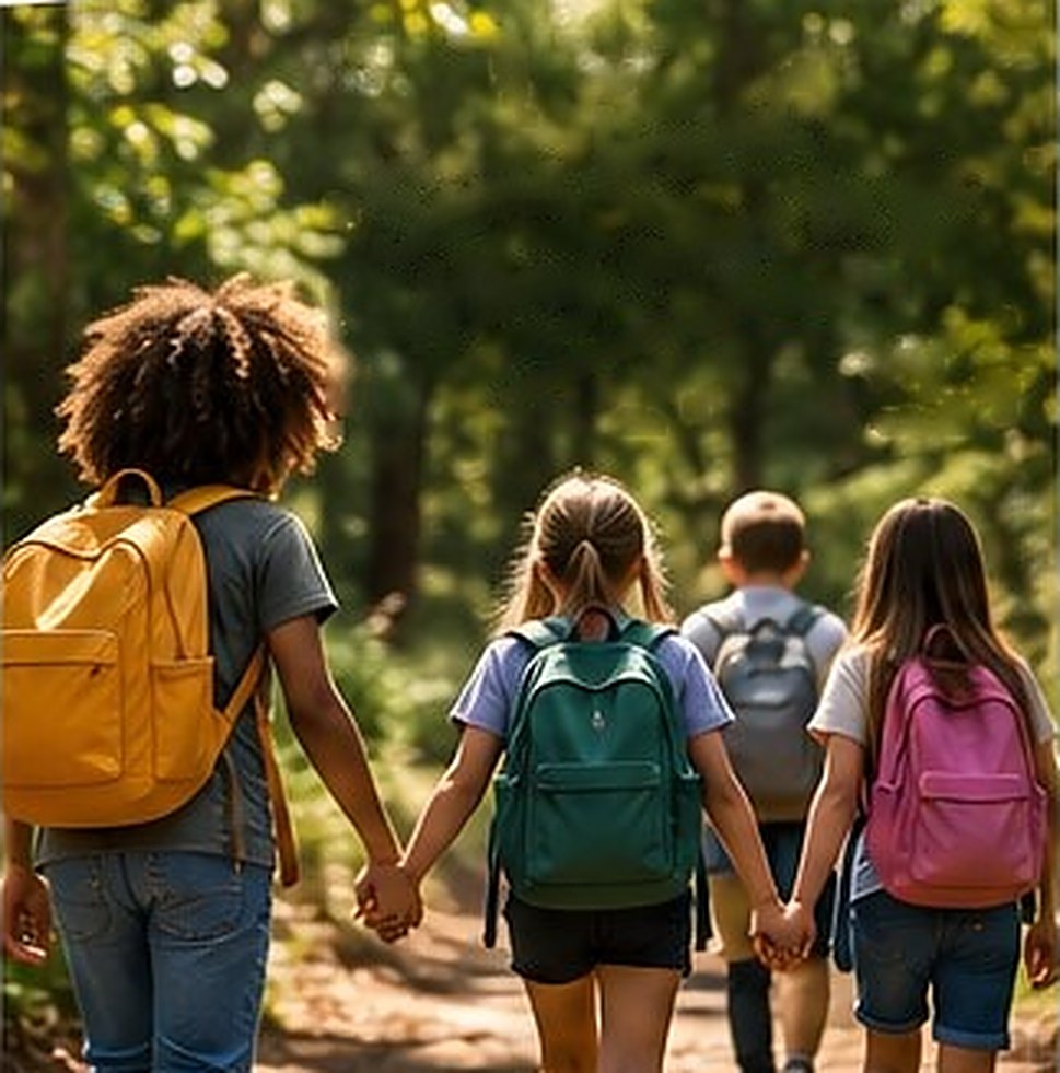 Four children with backpacks walking hand in hand down a woodland path